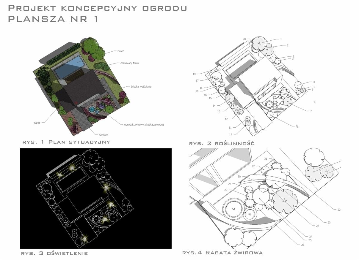 Projekt koncepcyjny ogrodu: plan sytuacyjny, roślinność, oświetlenie, rabata żwirowa. Rysunek techniczny z opisami elementów, wizualizacja 3D ogrodu.