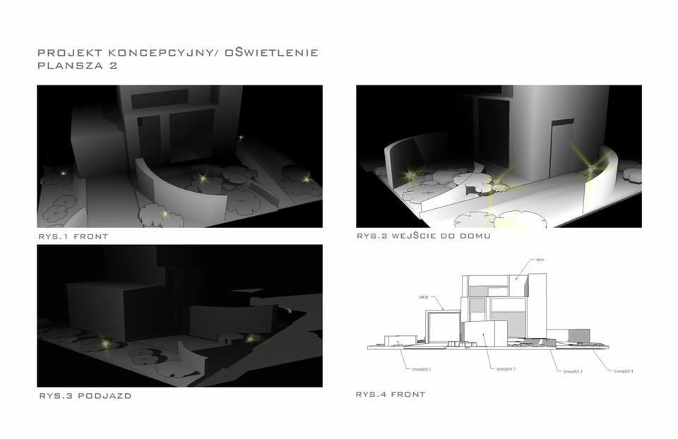 Projekt koncepcyjny oświetlenia: plansza z czterema rysunkami, w tym widok frontowy, wejście do domu i podjazd. Rysunki techniczne z elementami oświetlenia.