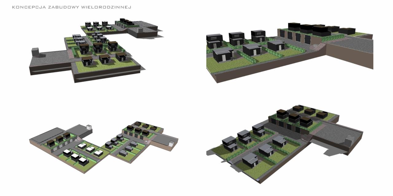 Koncepcja zabudowy wielorodzinnej: wizualizacja 3D osiedla z domami z płaskimi dachami i zielenią, z różnych perspektyw, na białym tle. Projekt zagospodarowania przestrzennego.