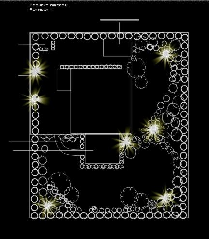 Plan ogrodu z nasadzeniami, oświetleniem i elementami architektonicznymi. Schematyczny rzut z góry, białe linie na czarnym tle, z efektem rozbłysków światła.