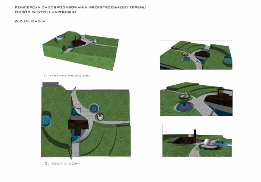 Wizualizacja koncepcji zagospodarowania terenu w stylu japońskim. Rzuty ogrodu z góry i z perspektywy wschodniej, prezentujące ścieżki, oczka wodne i elementy architektoniczne.