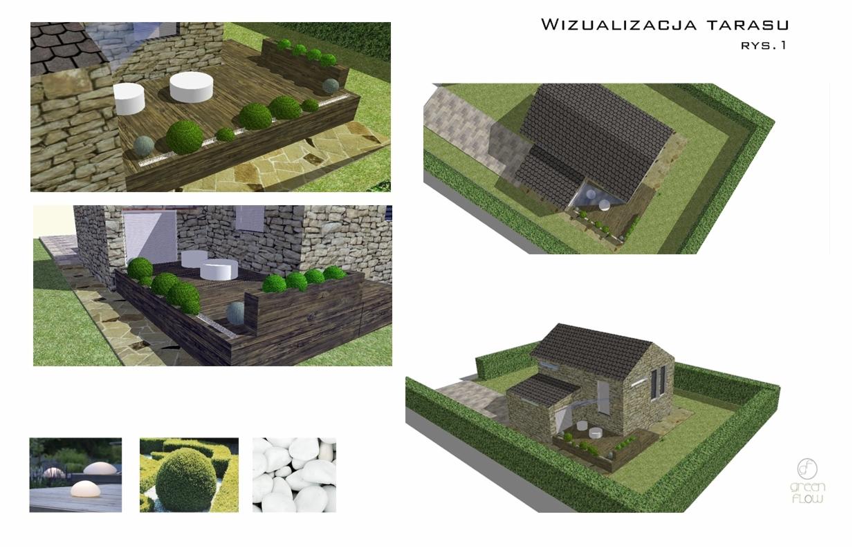 Wizualizacja 3D tarasu z drewnianą podłogą, kulistymi krzewami i białymi meblami. Widok z góry na dom z ogrodem i kostką brukową. Elementy projektu ogrodu.