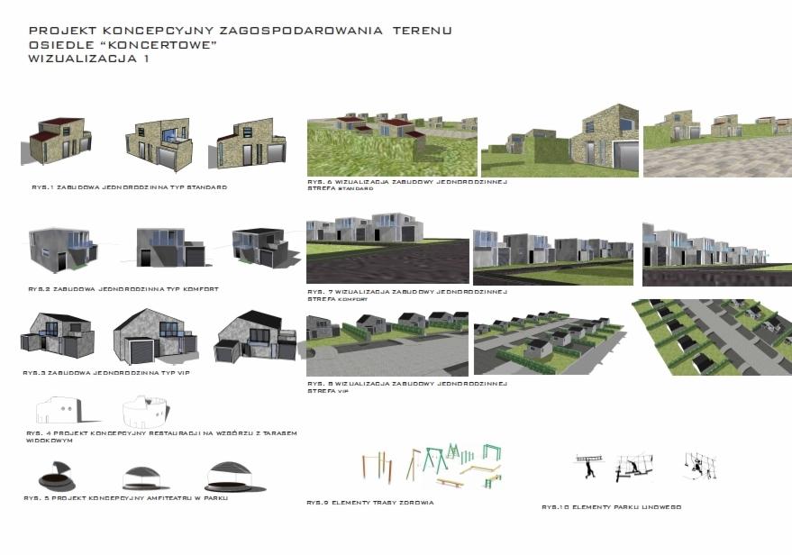 Koncepcja zagospodarowania terenu osiedla: wizualizacje zabudowy jednorodzinnej (standard, komfort, VIP), restauracji, amfiteatru, trasy zdrowia i parku linowego.