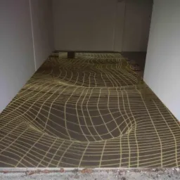 Brązowa posadzka z iluzją wklęsłej siatki w pustym pomieszczeniu. Nietypowy wzór, gładka powierzchnia. Widok na fragment ściany i surowy stan podłoża.