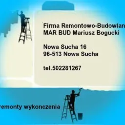 Grafika reklamowa firmy remontowo-budowlanej MAR BUD Mariusz Bogucki z Nowej Suchej. Siluetka malarza na drabinie w górnej i dolnej części na błękitnym tle.