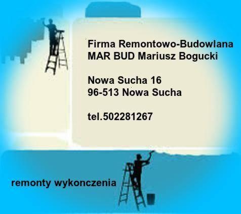 Grafika reklamowa firmy remontowo-budowlanej MAR BUD Mariusz Bogucki z Nowej Suchej. Siluetka malarza na drabinie w górnej i dolnej części na błękitnym tle.