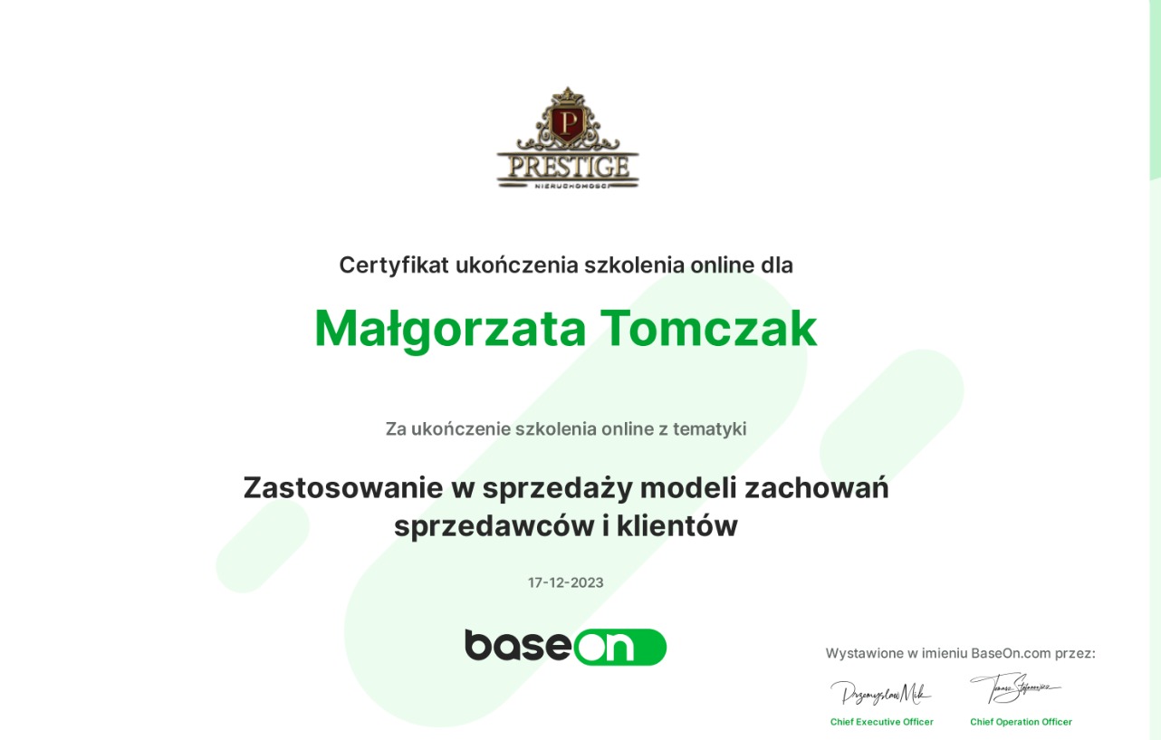Certyfikat ukończenia szkolenia online dla Małgorzaty Tomczak z zakresu zastosowania w sprzedaży modeli zachowań sprzedawców i klientów, wydany przez Prestige Nieruchomości i BaseOn.