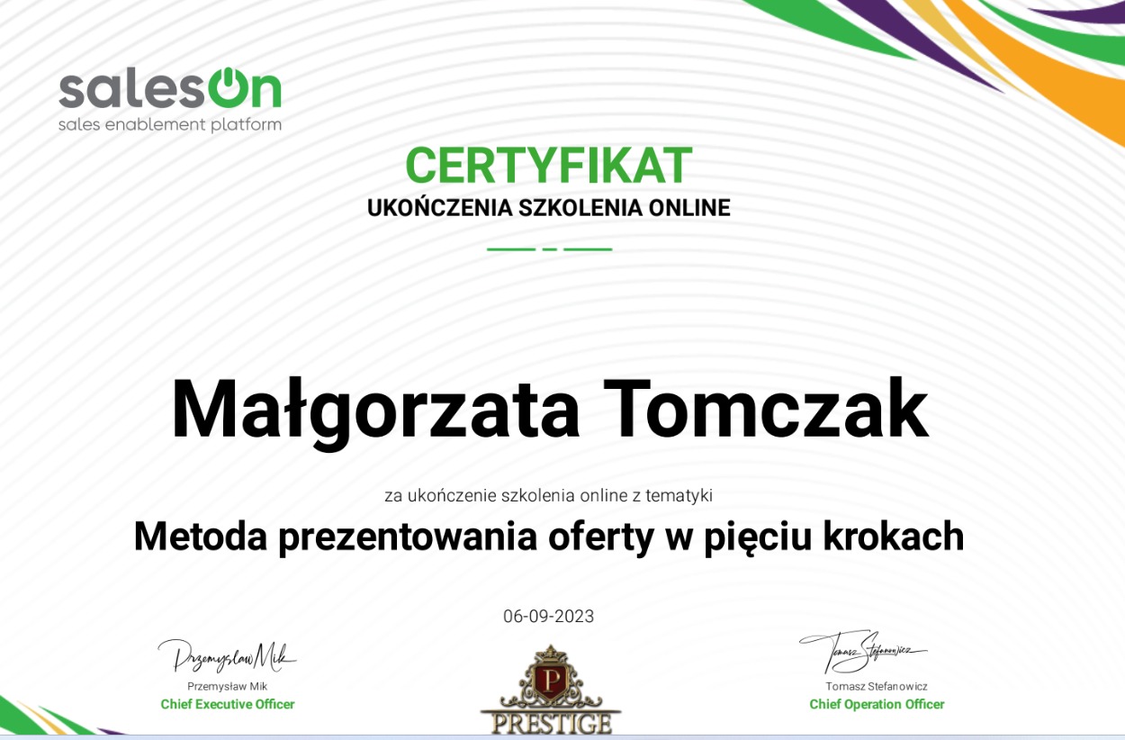 Certyfikat ukończenia szkolenia online z prezentowania oferty, wystawiony dla Małgorzaty Tomczak, z datą 06-09-2023 oraz podpisami Przemysława Mika i Tomasza Stefanowicza.