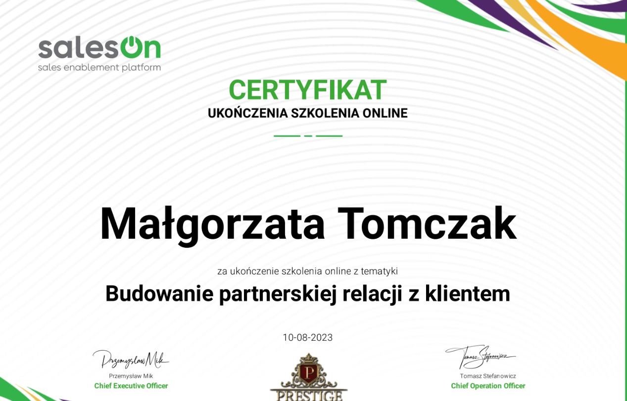 Certyfikat ukończenia szkolenia online z tematyki Budowanie partnerskiej relacji z klientem, wystawiony dla Małgorzaty Tomczak, z podpisami Przemysława Mika i Tomasza Stefanowicza oraz logo Prestige.