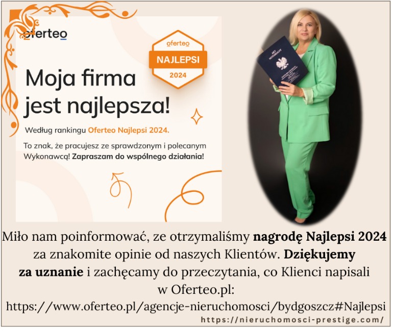 Kobieta w zielonym garniturze trzyma dyplom z godłem Polski na tle grafiki Oferteo Najlepsi 2024, informującej o nagrodzie za opinie klientów.