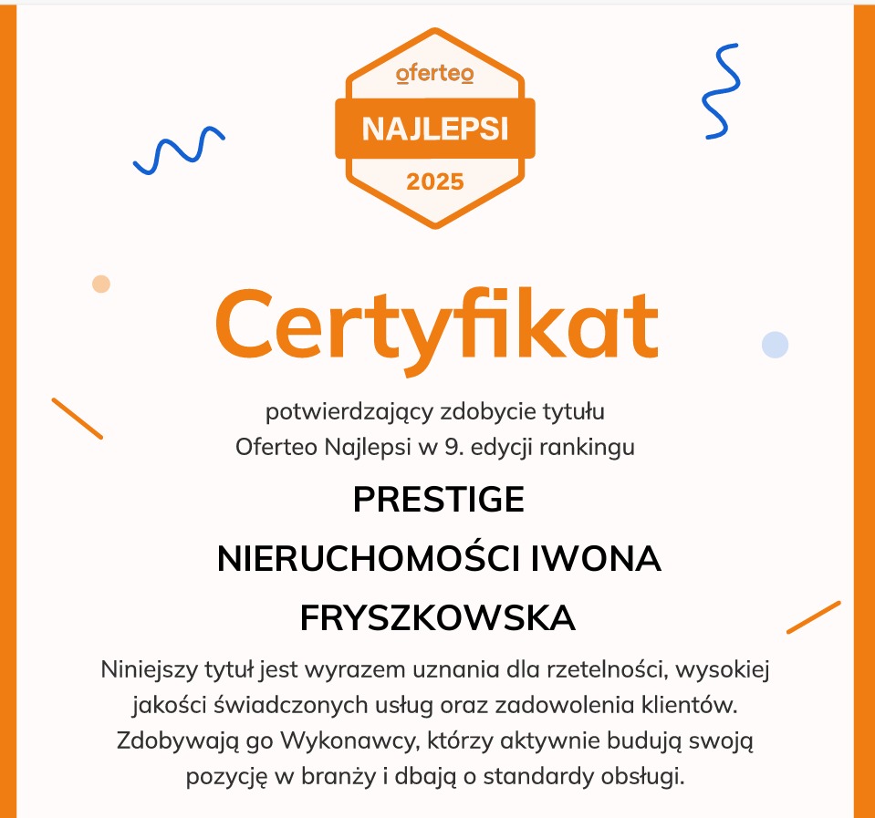 Certyfikat Oferteo Najlepsi 2025 dla Prestige Nieruchomości Iwona Fryszkowska, potwierdzający wysoką jakość usług i zadowolenie klientów.