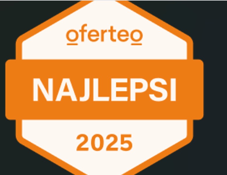 Nagroda Oferteo: 'Najlepsi 2025' w pomarańczowo-białej kolorystyce na ciemnym tle. Symbol jakości i uznania w branży.