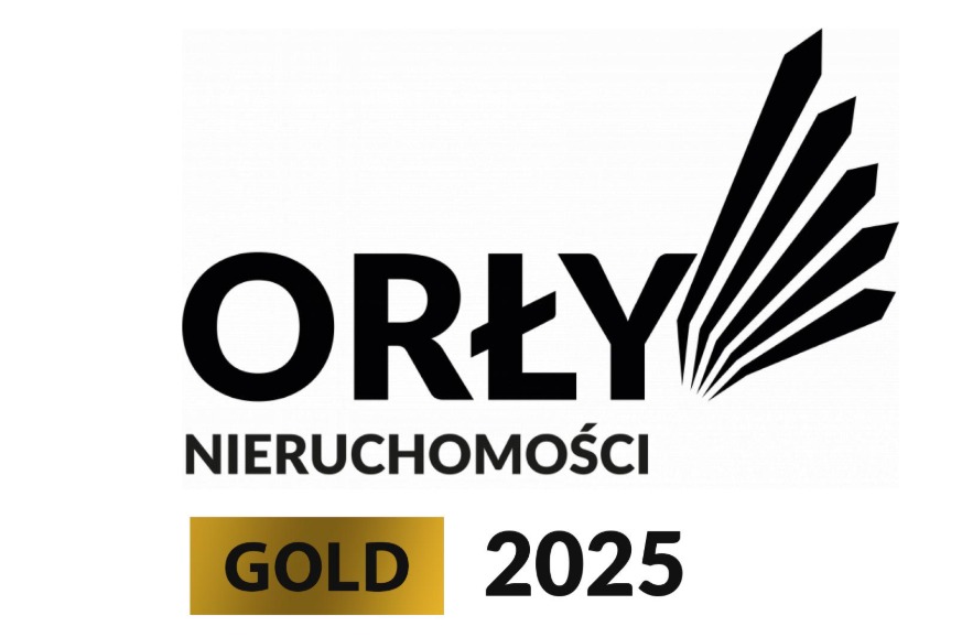 Logo 'Orły Nieruchomości' z dopiskiem 'Gold 2025' na złotym tle. Prestiżowe wyróżnienie dla agencji nieruchomości. Czarno-biała kolorystyka.
