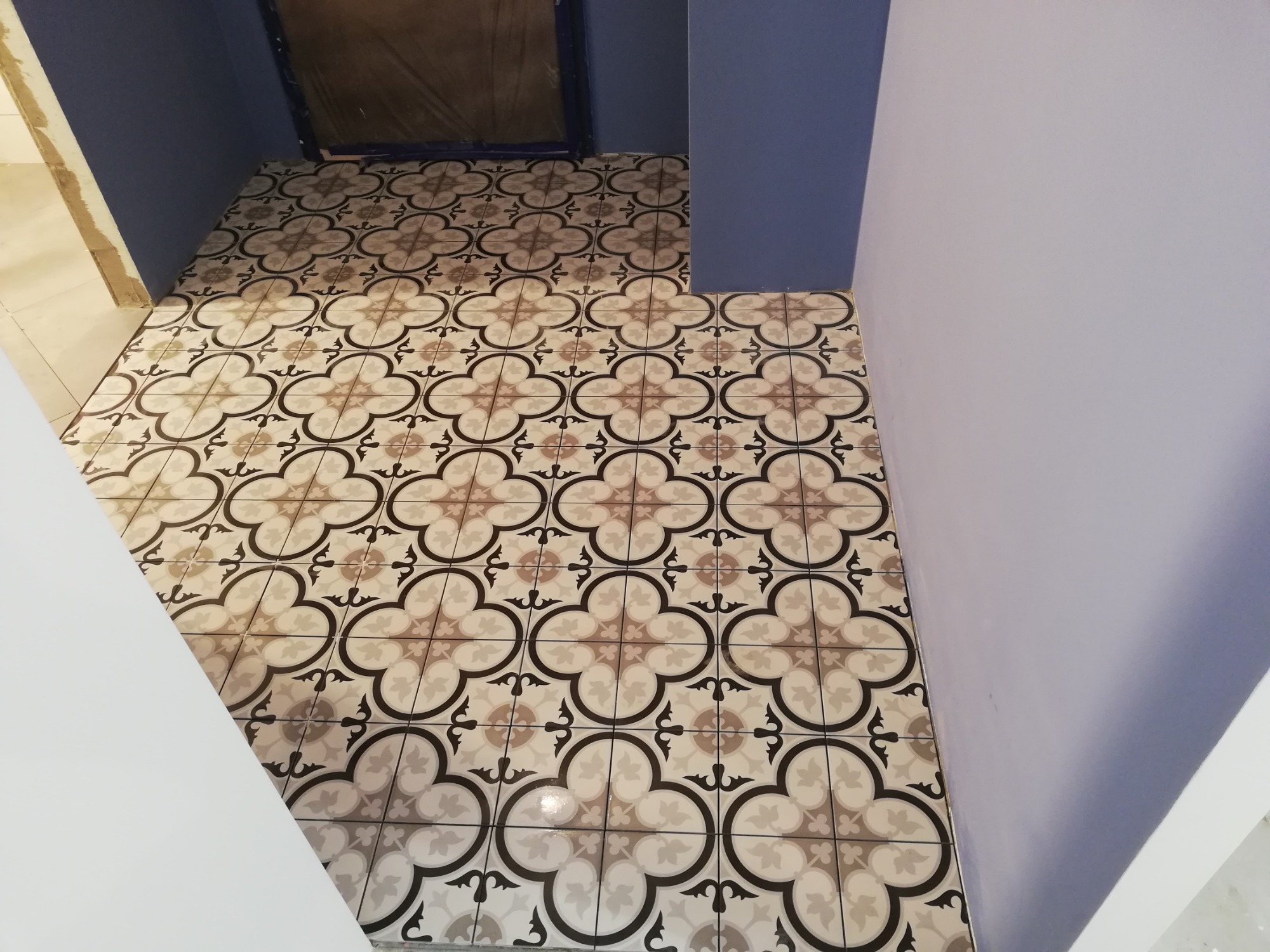 Ułożona podłoga z płytek ceramicznych w geometryczny wzór kwiatowy, widoczne fragmenty ścian pomalowanych na niebiesko i fioletowo, oraz białe elementy wykończenia.