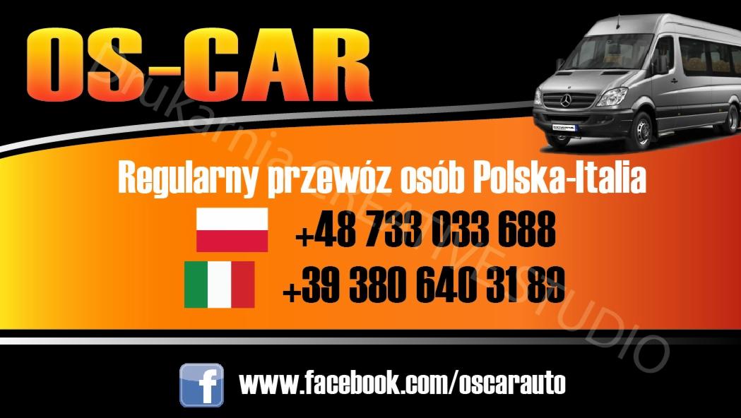 Grafika reklamowa: Bus na trasie Polska-Włochy, kontakt telefoniczny i adres Facebook. Regularny przewóz osób.