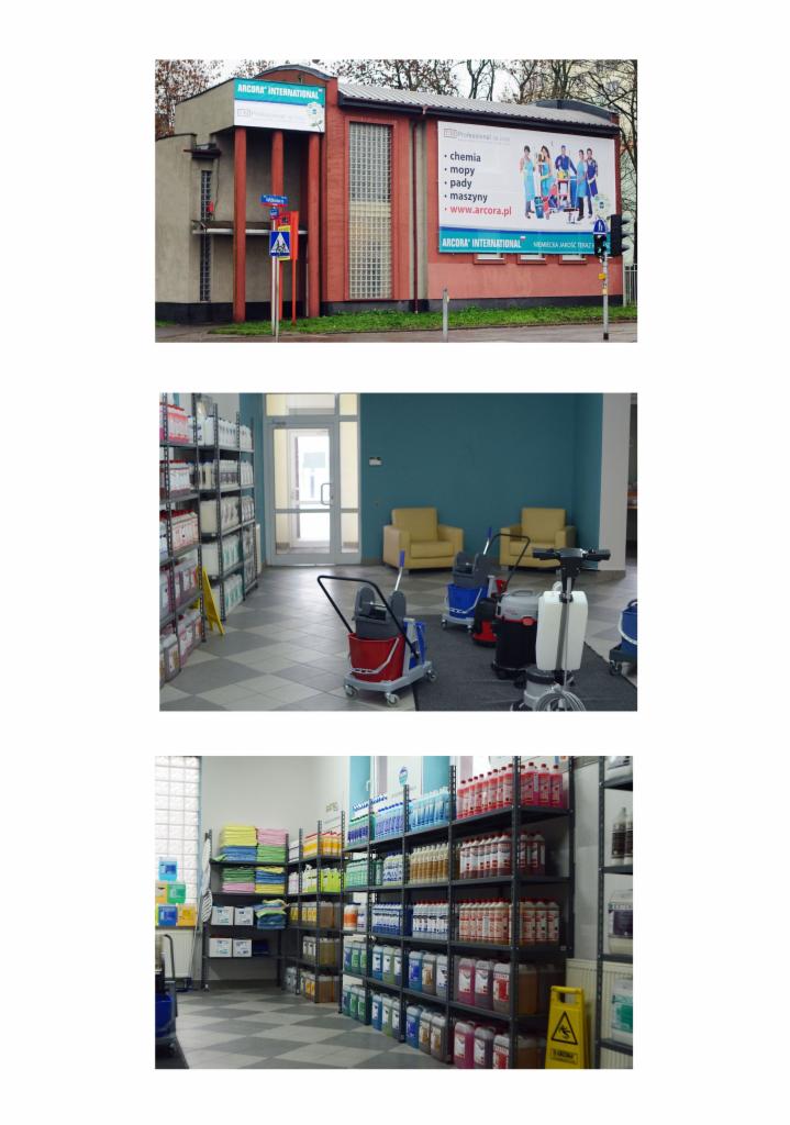 Trzy kadry: budynek z reklamą środków czystości, wnętrze z maszynami czyszczącymi i regały pełne preparatów do sprzątania, w tym płynów i środków dezynfekcyjnych.