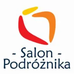Logo firmy Salon Podróżnika z abstrakcyjnym symbolem w kształcie serca utworzonym z kolorowych, zaokrąglonych elementów w odcieniach czerwieni, pomarańczy i żółci.