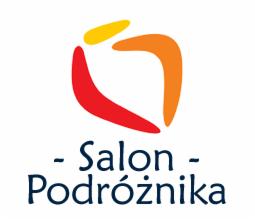 Logo firmy Salon Podróżnika z abstrakcyjnym symbolem w kształcie serca utworzonym z kolorowych, zaokrąglonych elementów w odcieniach czerwieni, pomarańczy i żółci.
