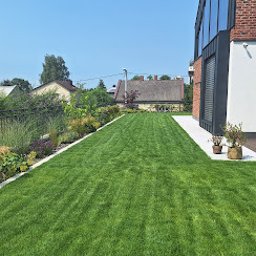 Wojciech Palkij Firma Handlowo-Usługowa - Perfekcyjnie skoszony trawnik przed nowoczesnym domem z ceglaną elewacją i dużymi oknami. Widoczne rabaty kwiatowe i krzewy wzdłuż trawnika. Idealny trawnik.