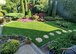 Zadbany ogród z równo przystrzyżonym trawnikiem, ozdobnymi krzewami i ścieżką z kamieni. Widok z góry ukazuje kompozycję roślin i elementy małej architektury.