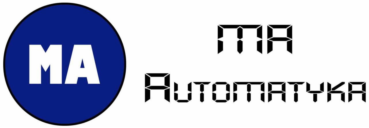Logo firmy MA Automatyka z niebieskim okręgiem i napisem 'MA', obok nazwa firmy w stylu wyświetlacza LED. Grafika na białym tle.