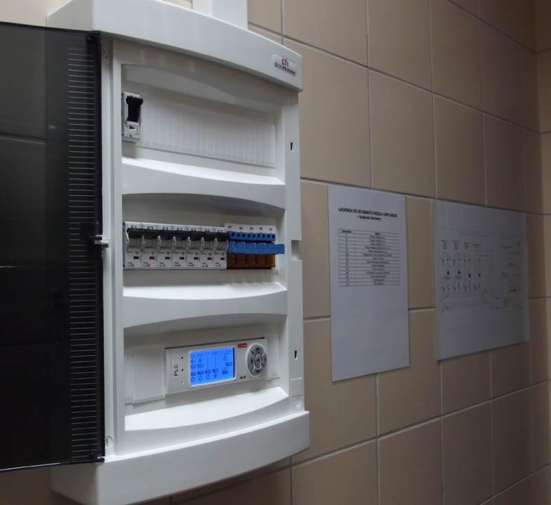 Otwarta, biała szafa sterownicza z widocznymi bezpiecznikami i wyświetlaczem PLC. Na ścianie obok schemat elektryczny i legenda.