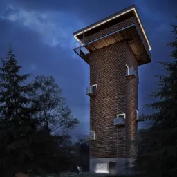 Wysoka drewniana wieża widokowa z balkonami oświetlona listwami LED, otoczona drzewami w nocnym krajobrazie, z jeleniami i ludźmi u podstawy.