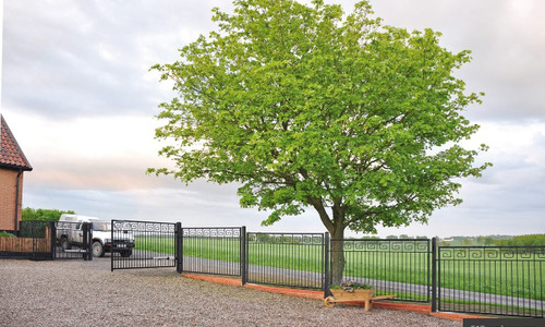 Otwarta, czarna brama wjazdowa z dekoracyjnym wzorem, prowadząca na żwirowy podjazd z zaparkowanym samochodem. W tle rozległe pole i duże drzewo.