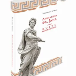 Projekt okładki książki z wizerunkiem rzeźby cesarza w wieńcu laurowym na białym tle z geometrycznym wzorem w kolorach beżu i szarości na krawędziach.