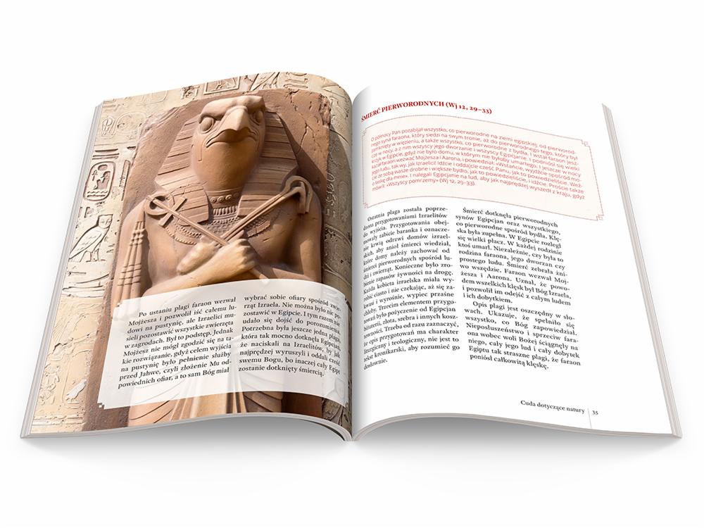 Ilustracja z książki przedstawiająca starożytny egipski posąg boga z głową sokoła, z tekstem opisującym religijne aspekty historii Izraela i Egiptu.