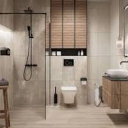 Kur-Rem - Nowoczesna łazienka w beżach: kabina walk-in z czarną armaturą, drewniana szafka pod umywalką, żaluzje bambusowe. Minimalistyczny design, subtelne oświetlenie.