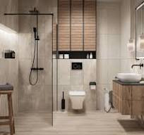 Nowoczesna łazienka w beżach: kabina walk-in z czarną armaturą, drewniana szafka pod umywalką, żaluzje bambusowe. Minimalistyczny design, subtelne oświetlenie.