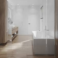 Jasna łazienka w minimalistycznym stylu z drewnianą podłogą, białymi ścianami i nowoczesną wanną. Oświetlenie LED podkreśla elegancję wnętrza.