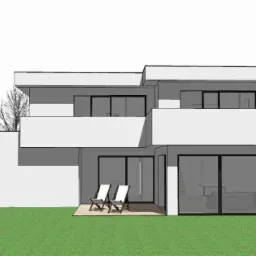 Wizualizacja nowoczesnego, dwukondygnacyjnego domu z płaskim dachem, białymi ścianami i dużymi przeszkleniami. Na tarasie przed domem stoją dwa białe leżaki. Z boku widoczny fragment zaparkowanego...
