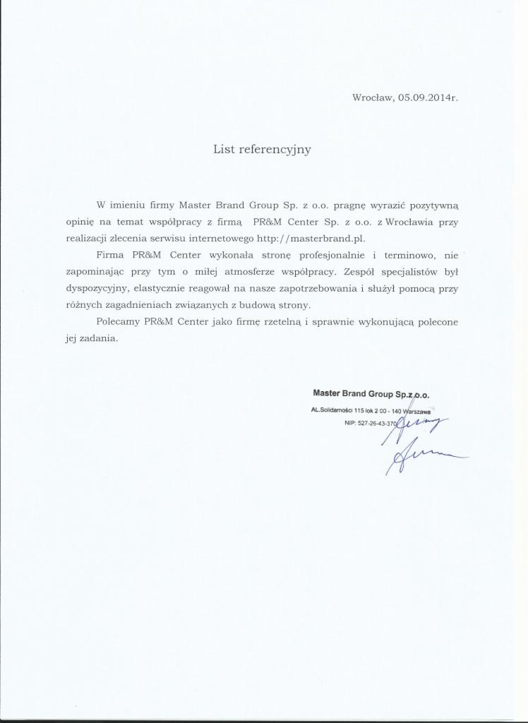 Referencja Master Barnd Group Sp. z o.o.