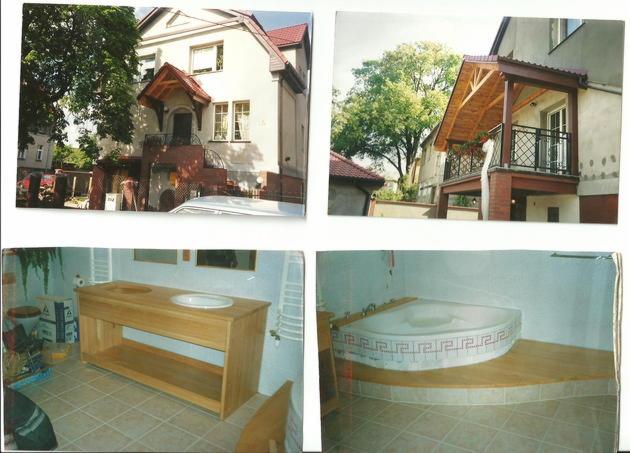 Kolaż czterech zdjęć: dwa górne przedstawiają elewacje budynków z elementami drewnianymi, dolne dwa prezentują drewnianą szafkę pod umywalkę z dwoma otworami oraz narożną wannę obudowaną drewnem...