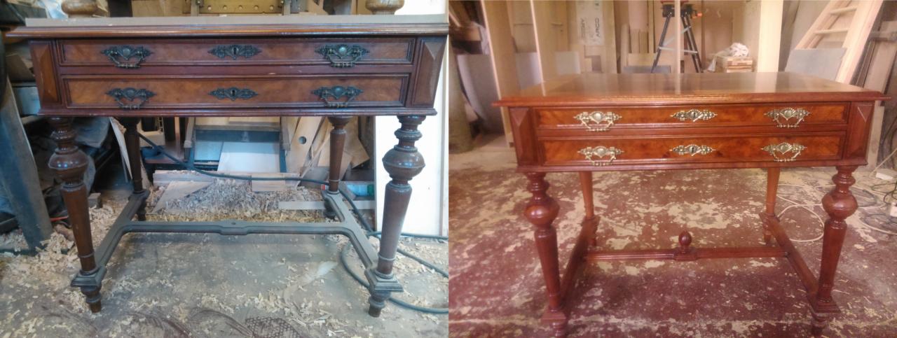 Dwa ujęcia tego samego biurka z szufladami na toczonych nogach: po lewej przed renowacją, z szarą bazą i widocznymi śladami użytkowania, po prawej po renowacji, z błyszczącym, brązowym wykończeniem.