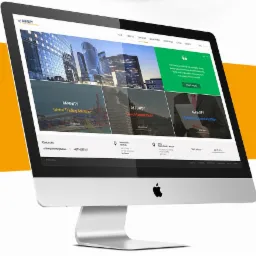 Ekran komputera iMac wyświetlający stronę internetową firmy Affinity z widocznymi sekcjami: Global Trading Solution, Sales Management i Marketing Communication na tle pomarańczowego tła.