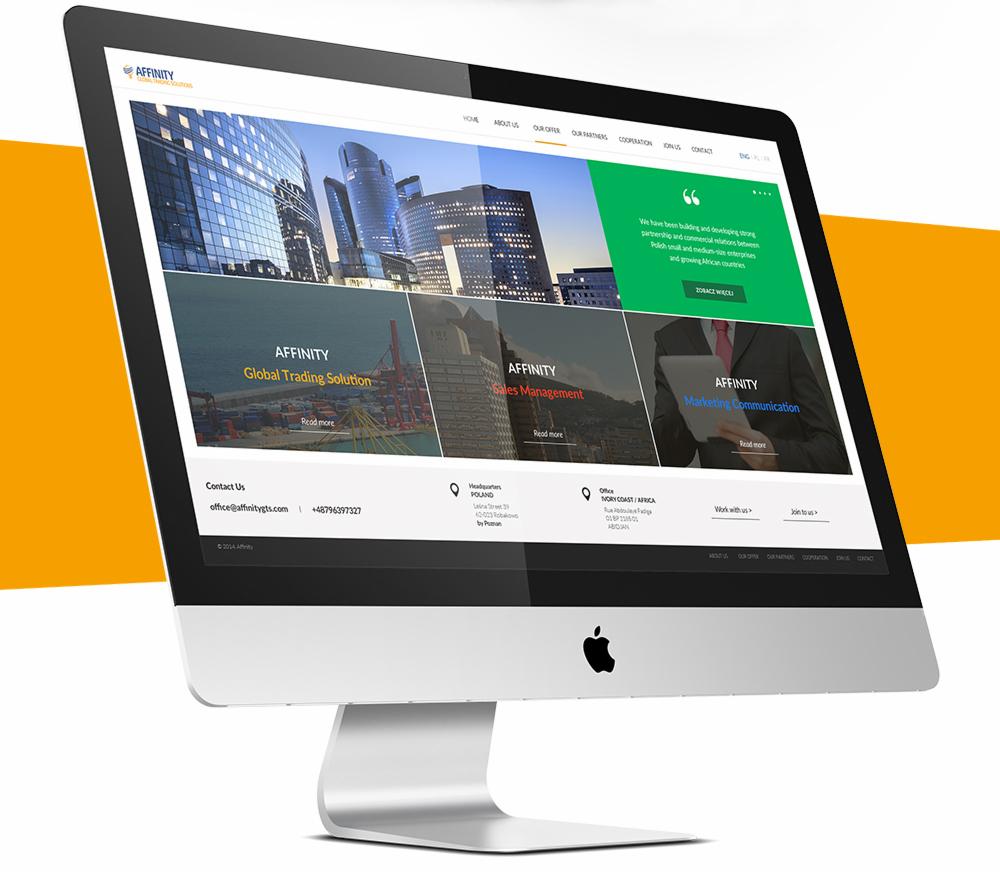 Ekran komputera iMac wyświetlający stronę internetową firmy Affinity z widocznymi sekcjami: Global Trading Solution, Sales Management i Marketing Communication na tle pomarańczowego tła.