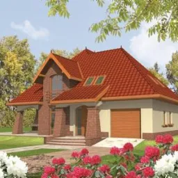 Wizualizacja domu jednorodzinnego z czerwonym dachem, ceglanymi filarami werandy i garażem, otoczonego zielenią i kwitnącymi różanecznikami.