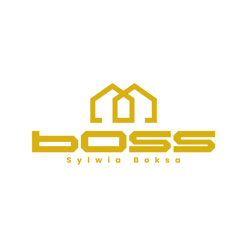 Złote logo firmy budowlanej BOSS Sylwia Boksa, stylizowany symbol domu nad napisem.