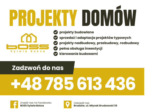 Grafika reklamowa firmy BOSS Sylwia Boksa oferującej projekty domów, adaptacje projektów, projekty przebudowy i kierowanie budowami, z podanym numerem telefonu i odnośnikami do Facebooka i adresu...