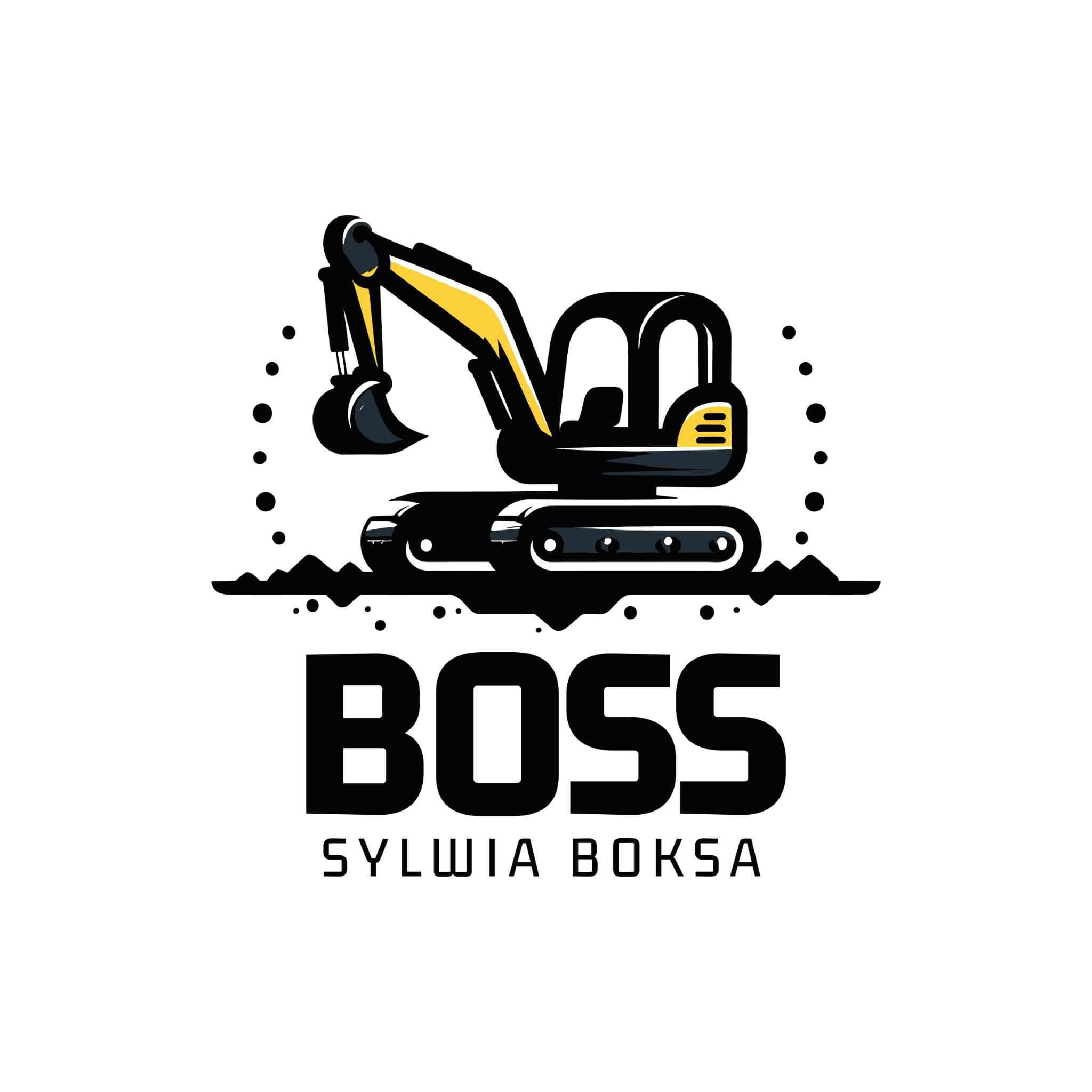 Logo firmy budowlanej przedstawiające czarno-żółtą sylwetkę koparki na białym tle, z nazwą firmy 'BOSS SYLWIA BOKSA' pod spodem.