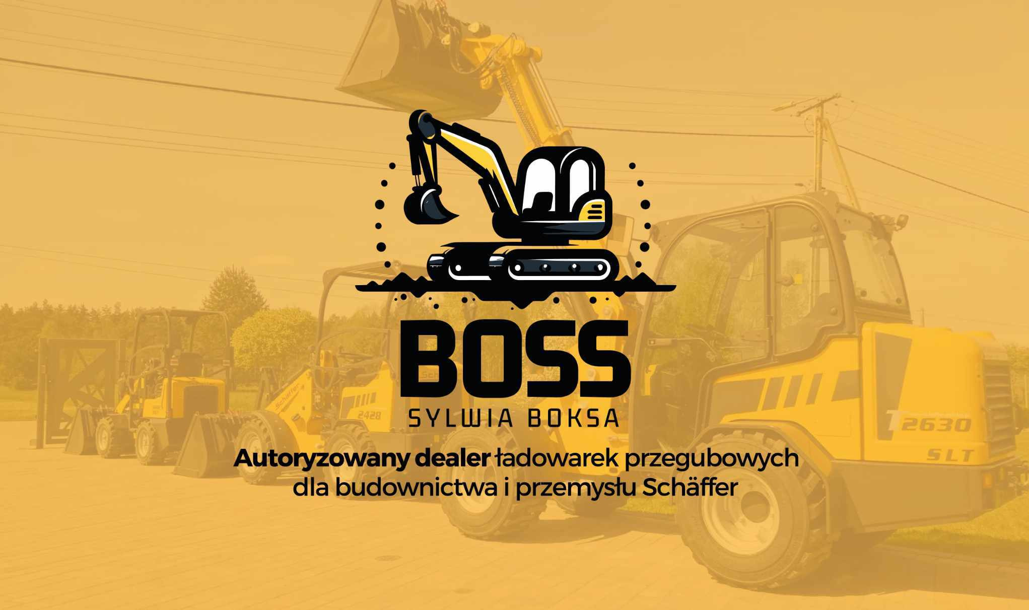 Grafika reklamowa dealera ładowarek przegubowych Schäffer, prezentująca logo firmy BOSS Sylwia Boksa oraz zbliżenie na żółtą ładowarkę z numerem 2630 SLT.