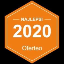 Pomarańczowy emblemat Oferteo NAJLEPSI 2020 na czarnym tle.