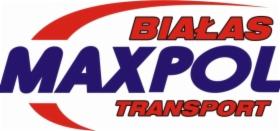 Logo firmy transportowej: Białaś Maxpol Transport. Nazwa firmy w kolorach białym, czerwonym i niebieskim na białym tle. Charakterystyczny, dynamiczny font.