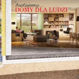 Przekrój domu z widocznymi warstwami fundamentu, izolacją termiczną i przekrojem wnętrza z rodziną, prezentujący systemowe płyty fundamentowe Parati.pl.