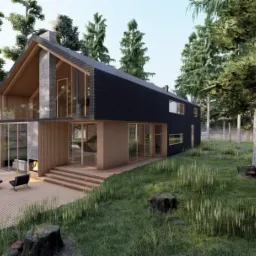 Wizualizacja nowoczesnego domu z czarną elewacją i drewnianymi elementami, otoczonego lasem, z tarasem z dwoma czarnymi krzesłami i kominkiem zewnętrznym.