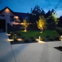 Oświetlony ogród przydomowy o zmierzchu, z niskimi lampami wzdłuż ścieżki i podświetlonymi drzewami, dom w tle.