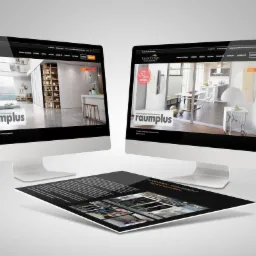 Dwa monitory wyświetlające strony internetowe z aranżacjami wnętrz, ulotka z miniaturami projektów na pierwszym planie.